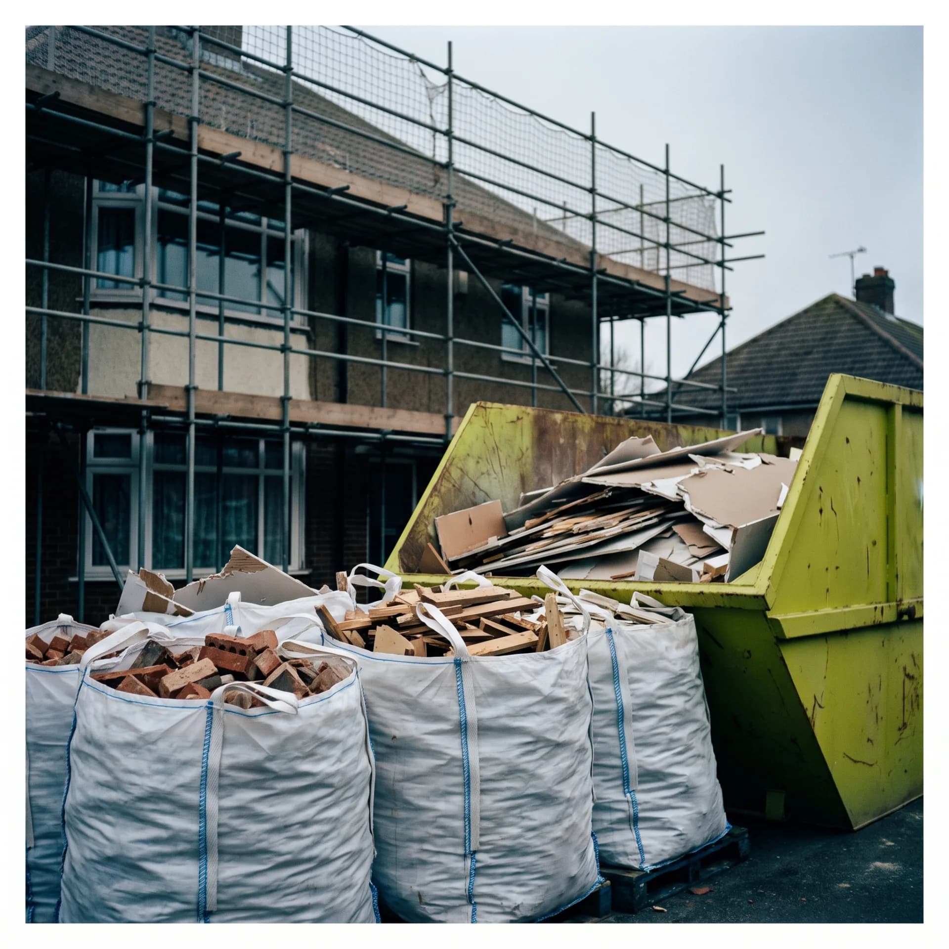 Rubble sacks, plasterboard and timber beside a lime container at a house under renovation