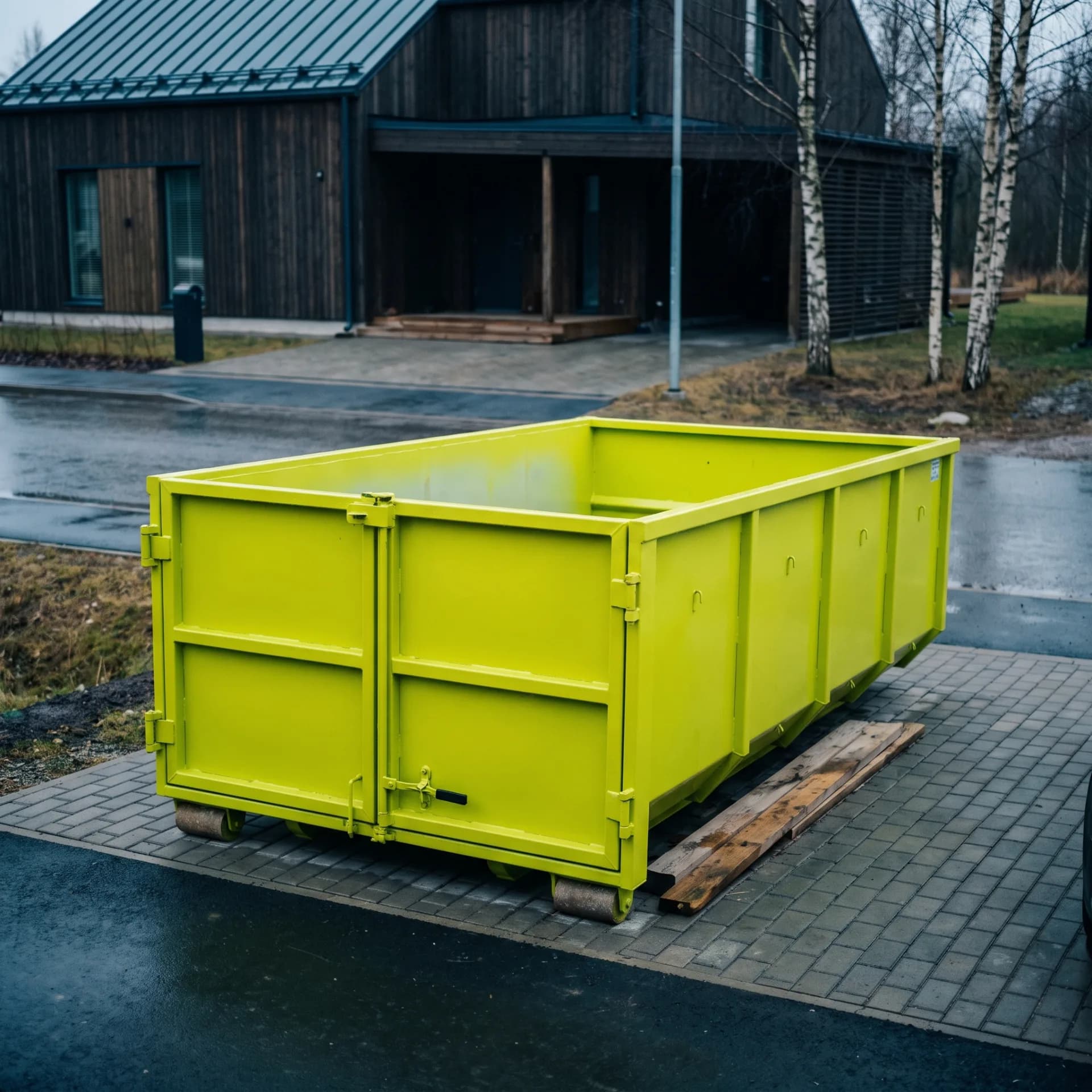 An empty lime container standing on planks on a driveway