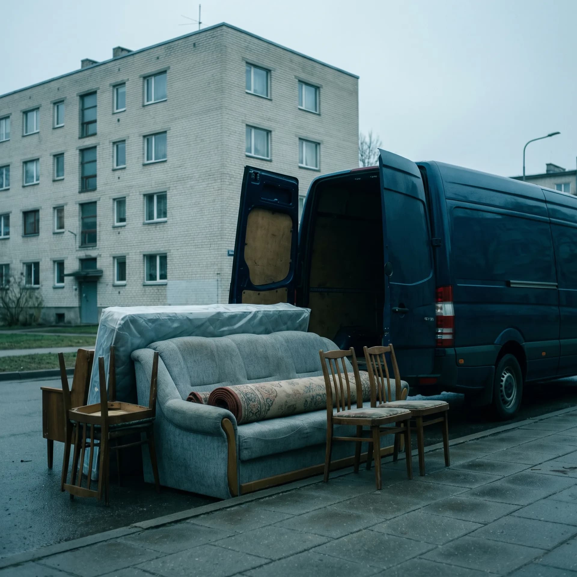 A sofa, chairs, a rug and a mattress on the pavement beside an open van