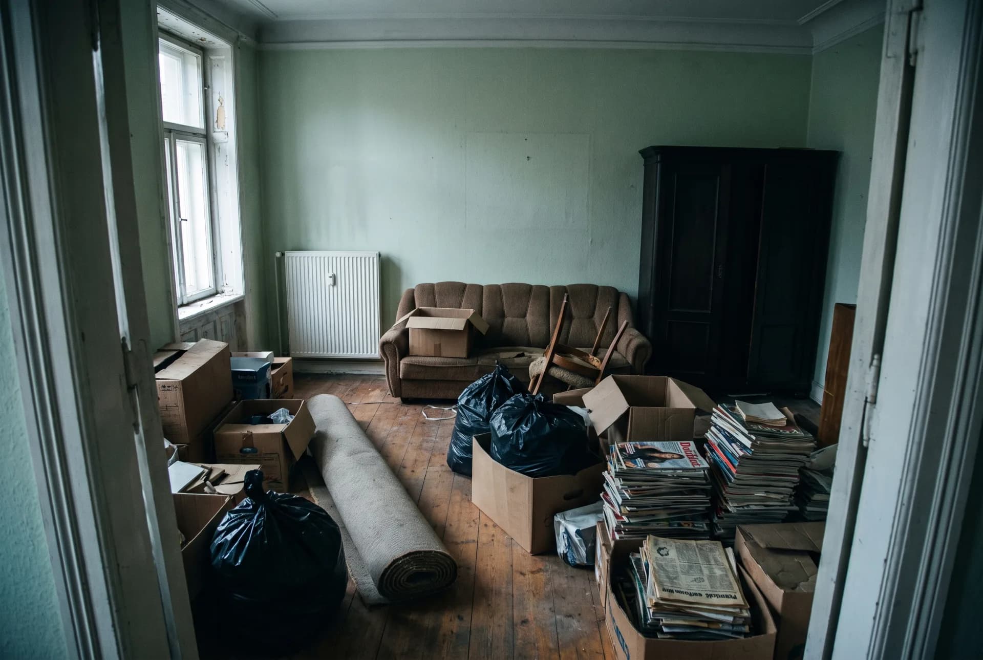 Before: a room with a sofa, a wardrobe, boxes, a rolled carpet and rubbish sacks on the floor