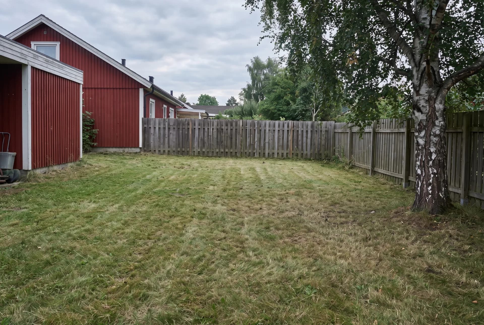 After: the same garden cleared, with the grass cut and raked