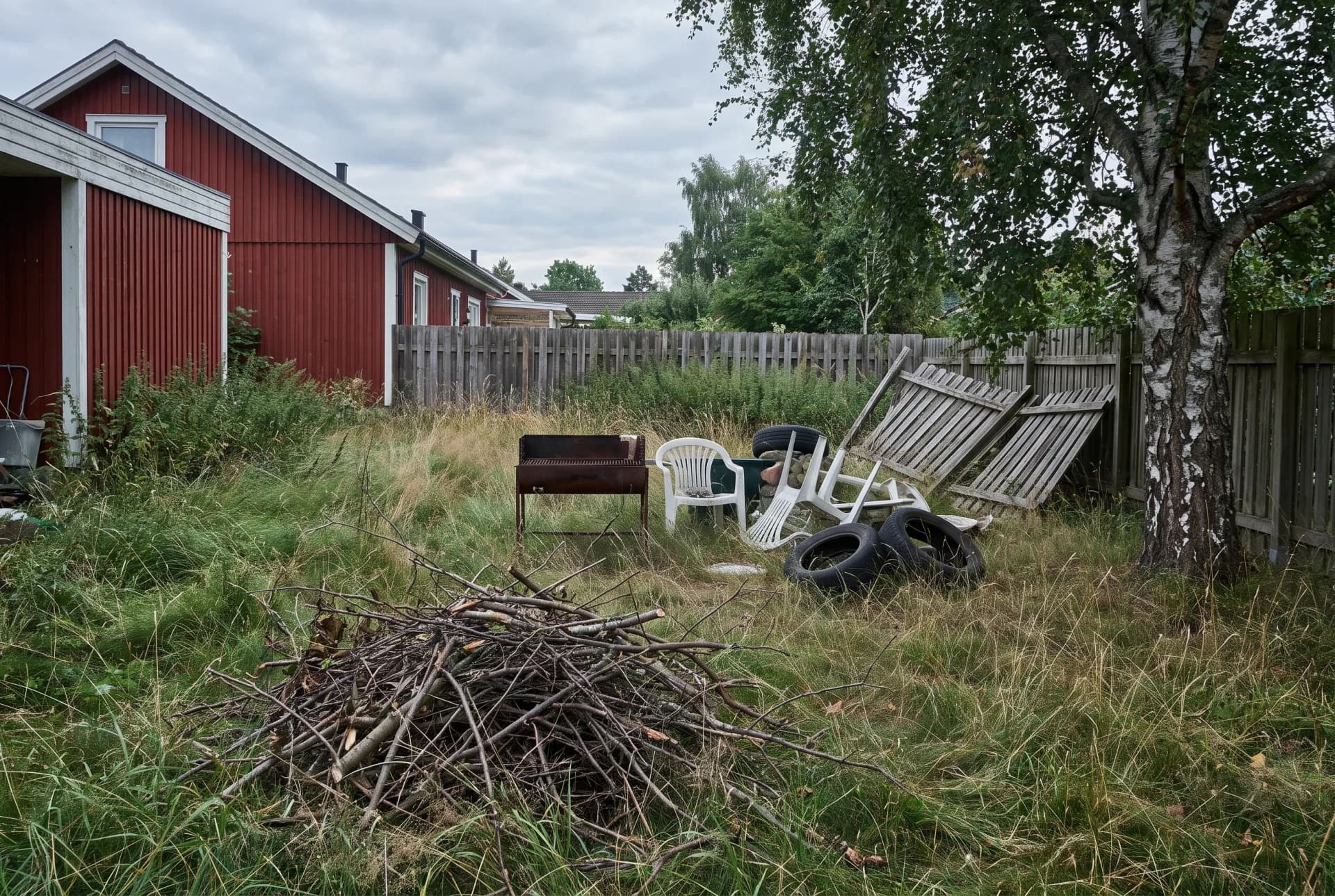 Before: a back garden with a heap of branches, old tyres, broken chairs and a fallen shed panel