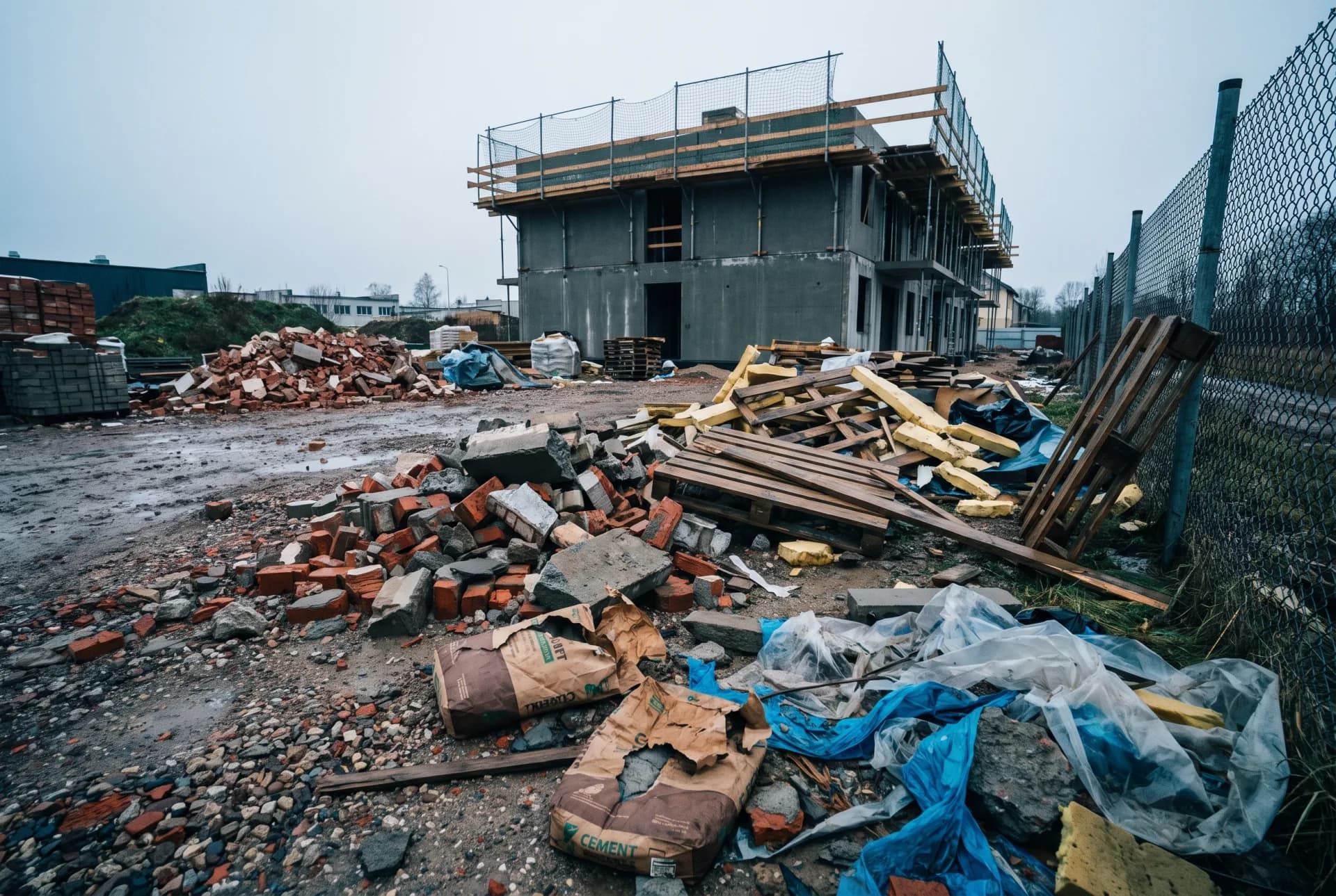 Before: the yard of a building site with heaps of rubble, torn cement bags and split pallets